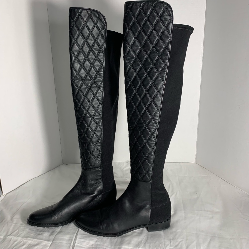 Stuart Weitzman 50/50 Black Quilted Leather Over the Knee Boots Size 7.5.